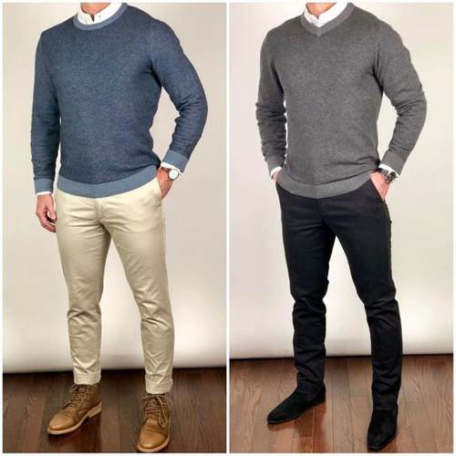 Men's Grey V-neck Sweater, Blue Long Sleeve Shirt, Navy Jeans, Tan Suede  Desert Boots Mens Outfits, Mens Fashion Casual, Stylish Men |  