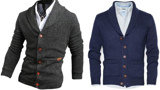suéter cárdigan gris y azul para hombre; ser un caballero;